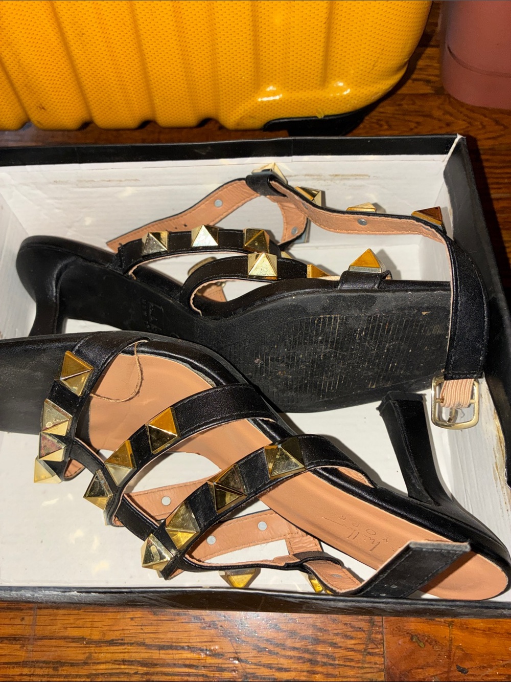 Nicole Miller Black Heeled Sandals with Gold Pyramid Studs